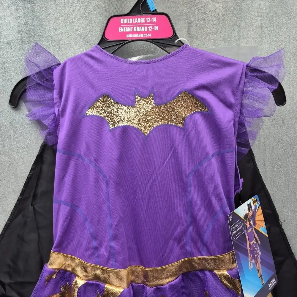DC Comics Batgirl Purple Gold Dress Costume Cape Youth Halloween Cosplay L 12-14